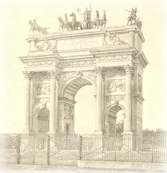 'Arc of the Pace'. Originaly named 'Arc of the Victory'. Started for want of Napoleon in 1807, on a plan of Luigi Cagnola, to celebrate his victories. The building stopped in 1814 to the Napoleone defeat, to take again in 1926 to want of  Francesco I° d'Austria. Renamed 'Arc of the Pace' to celebrate the pace of 1815. The jobs were completed in 1836.
